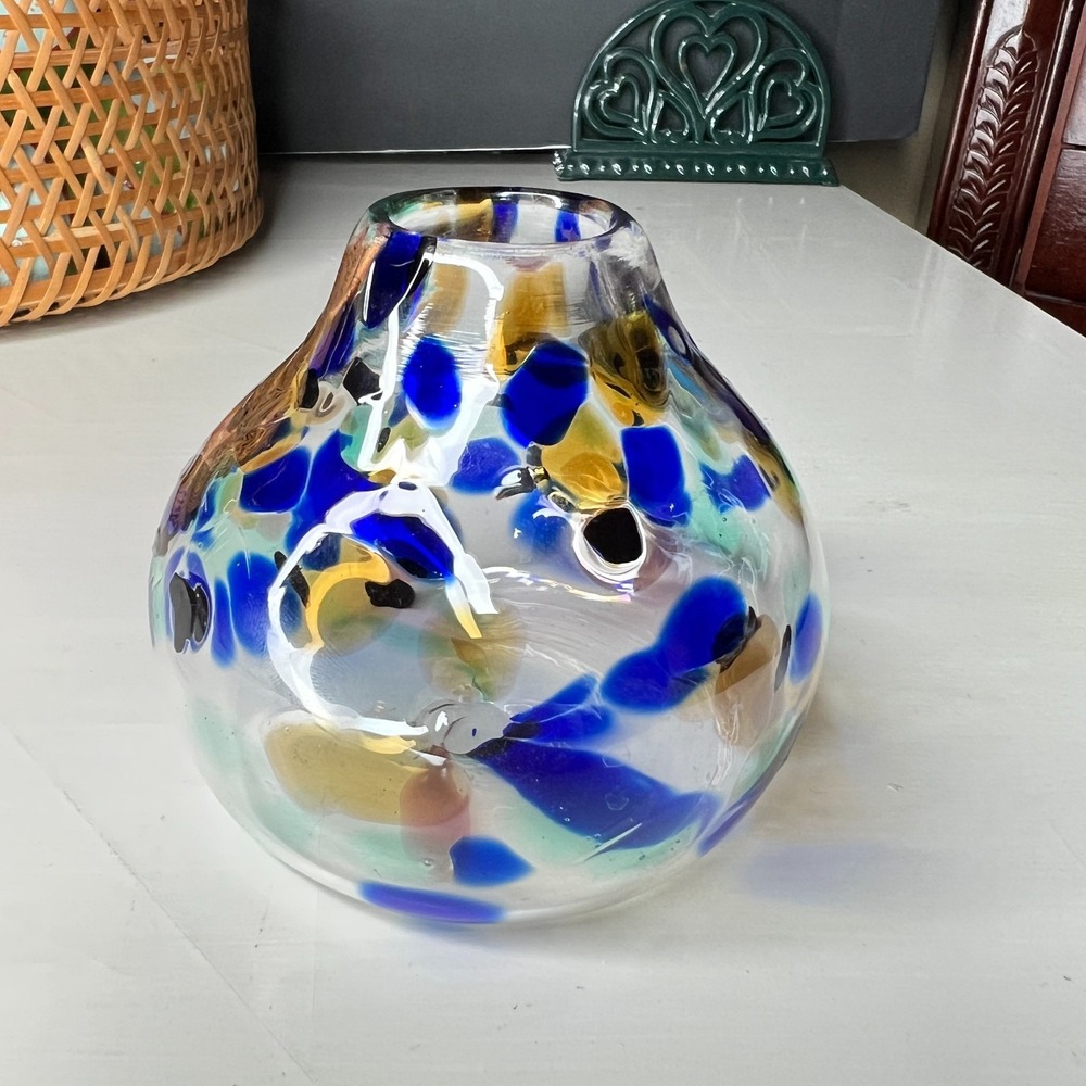 Vintage Signed Studio Art Glass Vase 4 in Cobalt Blue Amber Aqua Spot Pattern - Picture 10 of 10